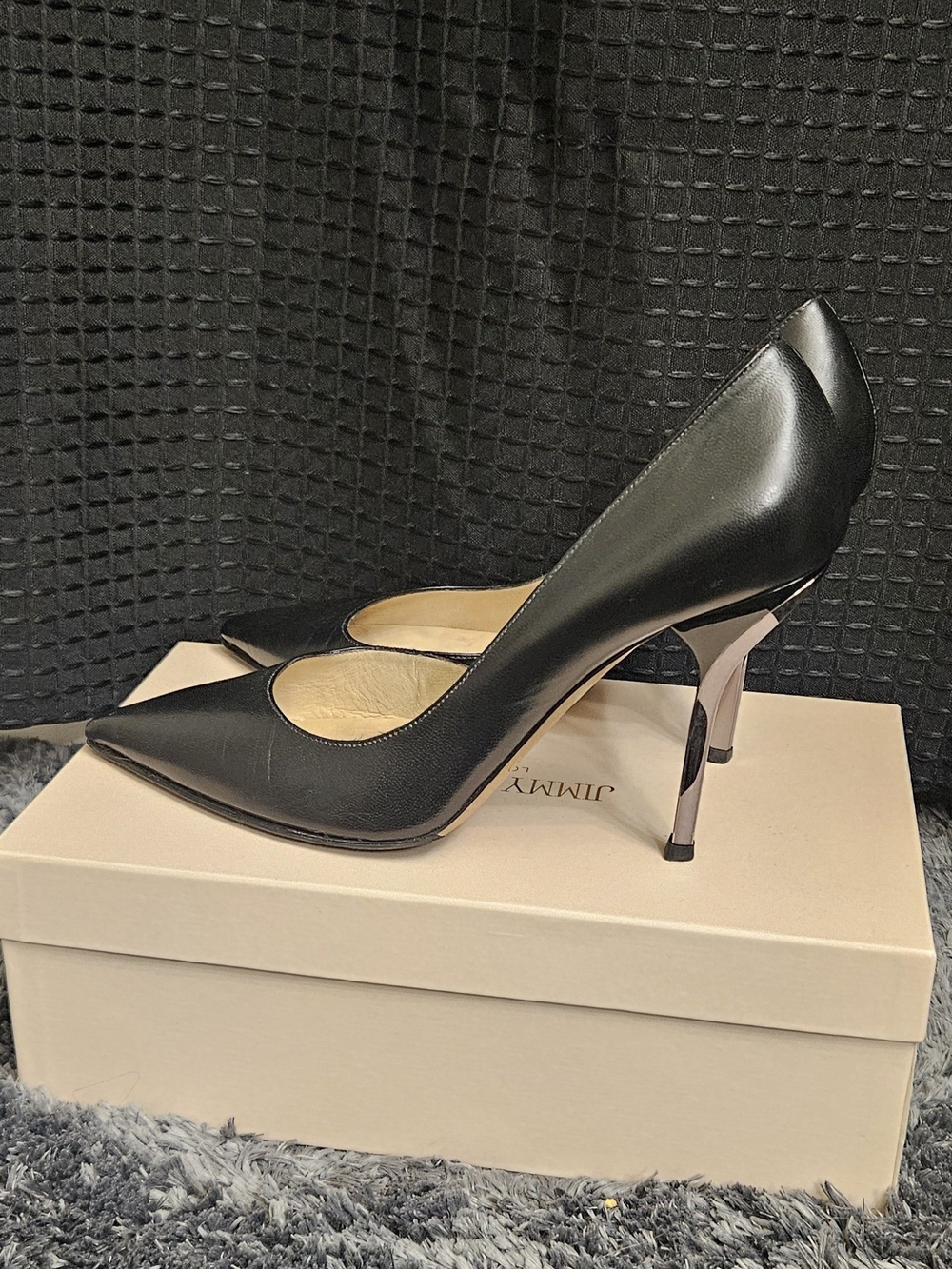 Jimmy Choo Black Leather Pointed Pumps with Metallic Heel